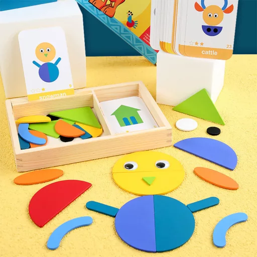 Mágneses tangram fajáték angol kártyákkal, haladó szint