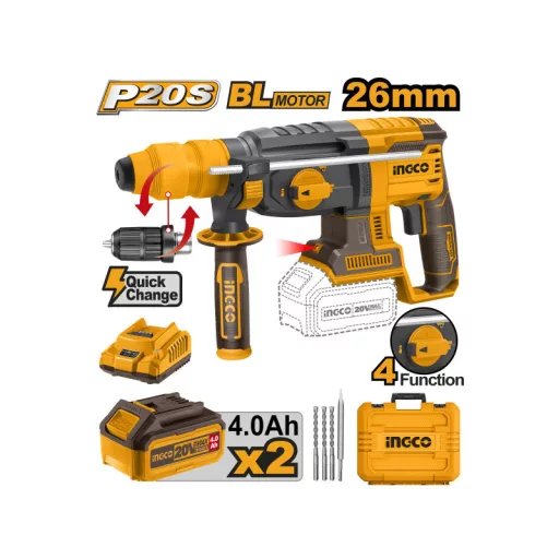 INGCO Akkus kombikalapács 2,5 J SDS-Plus/gyors szénkefe nélküli 20 V (2 x 4,0 Ah akku + töltő)