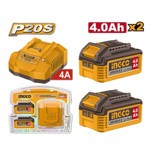 INGCO Akkumulátor és töltő szett 20 V (2 x 4,0 Ah akku + 4,0 A töltő)