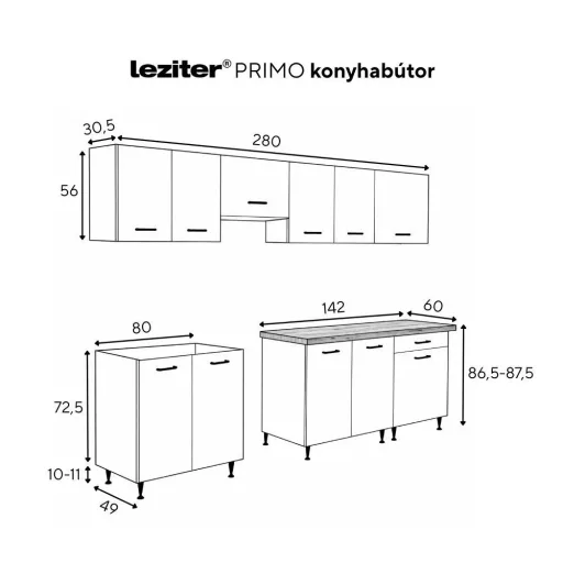 Primo 280 konyhabútor fehér, rauna szil munkalappal